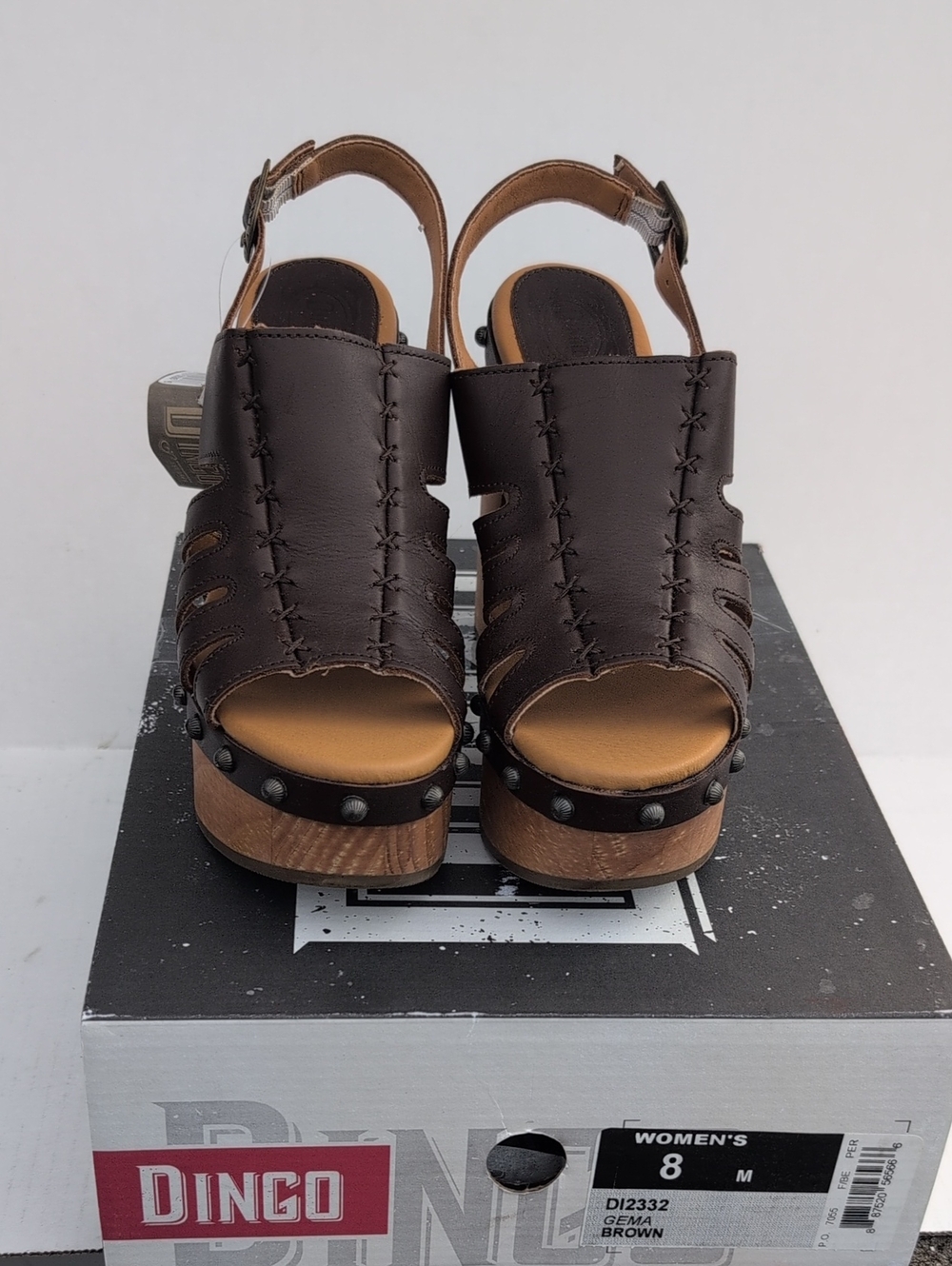 Dingo Brown Open-Toe Platform Clog Sandals with Stud Trim